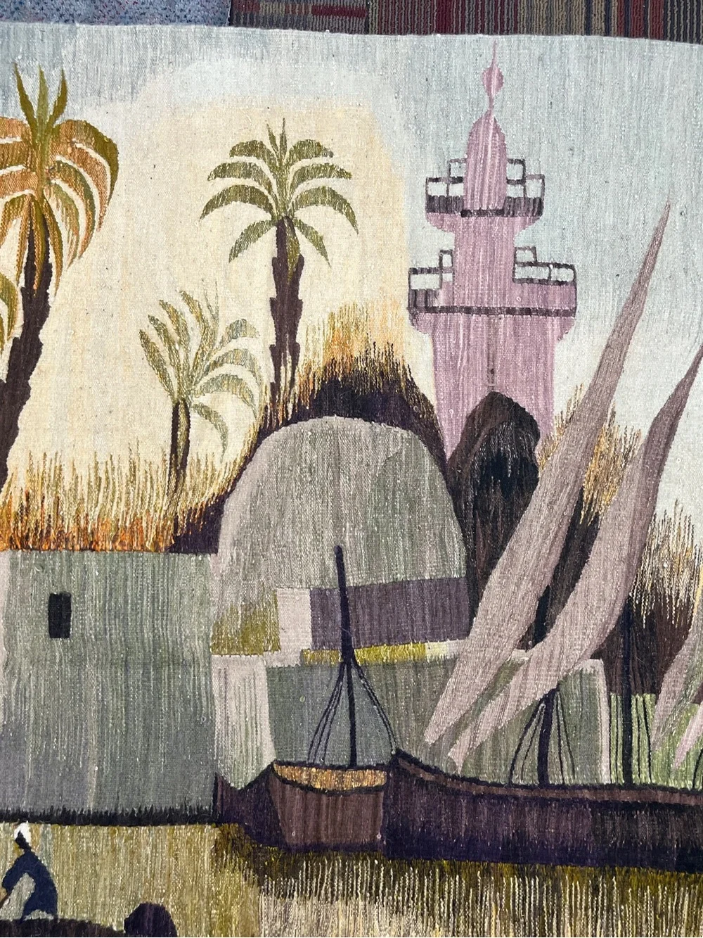 Handwoven Scenic Tapestry Wall Decor in Pastel Greens and Pinks 58x82”